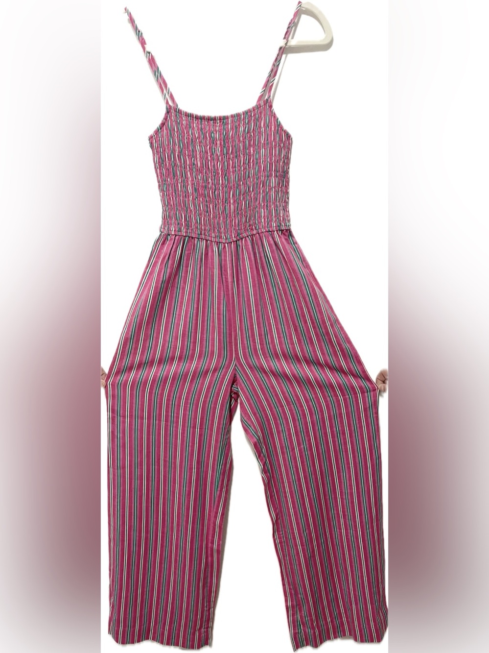 Copper Key Jumpsuit Pink Green Striped Spaghetti Strap Size Small PTP 12”-17”